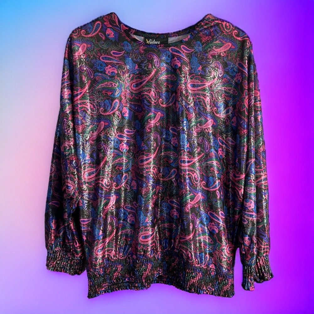 Vintage Silver Threads Shimmer Paisley Boho Statement Top